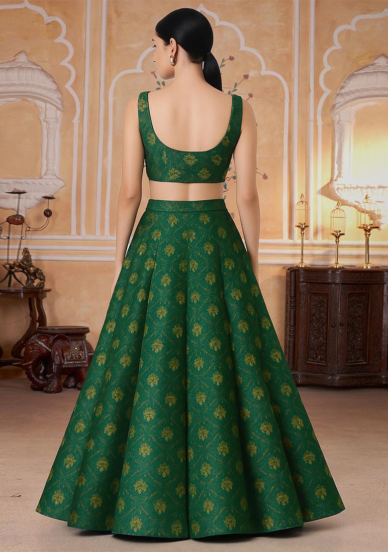 Green Jacquard Brocade Lehenga Set - Indya