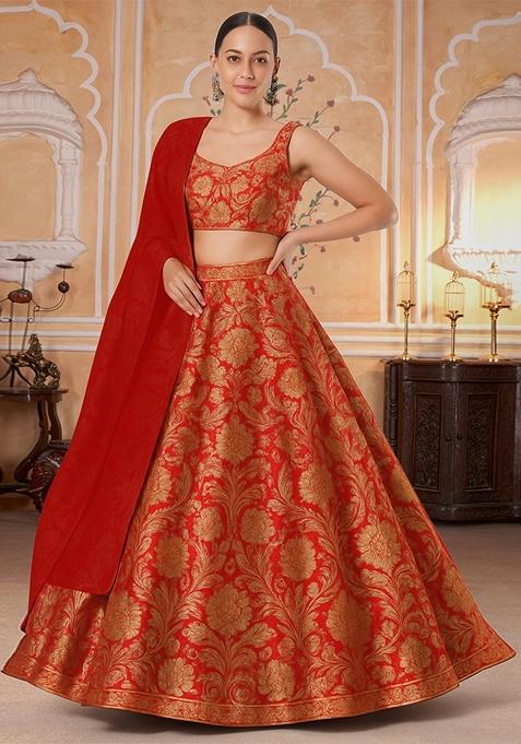 Red Jacquard Brocade Lehenga Set