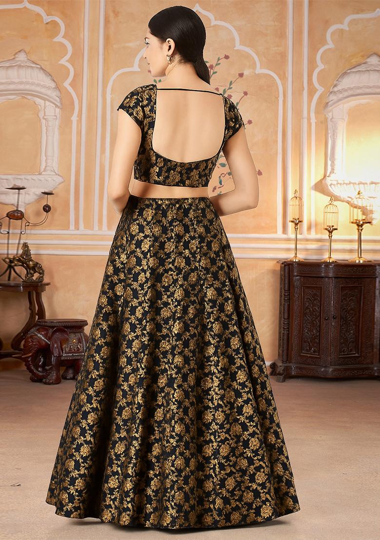 Black Jacquard Brocade Lehenga Set - Indya