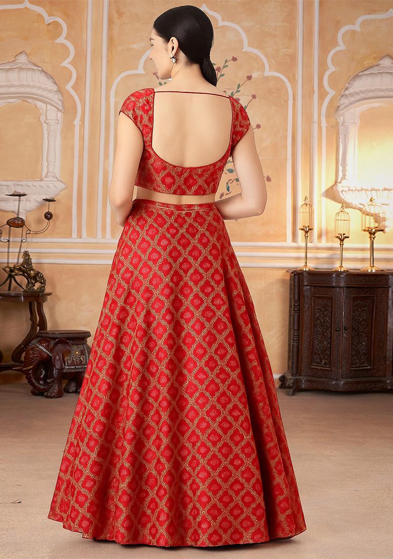 Red Jacquard Brocade Lehenga Set - Indya