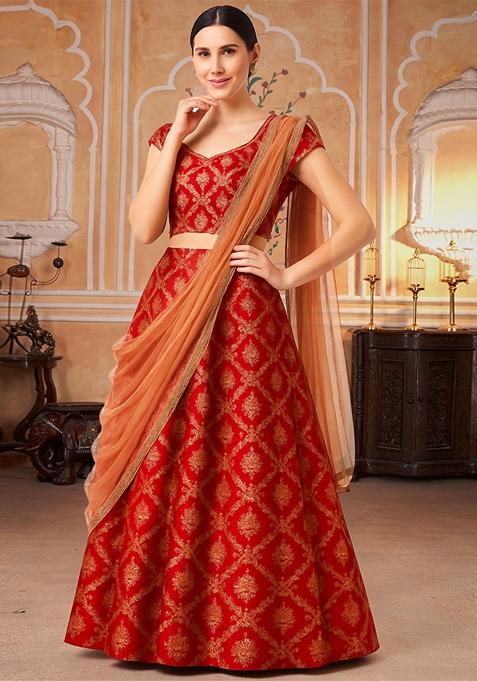Red Jacquard Brocade Lehenga Set