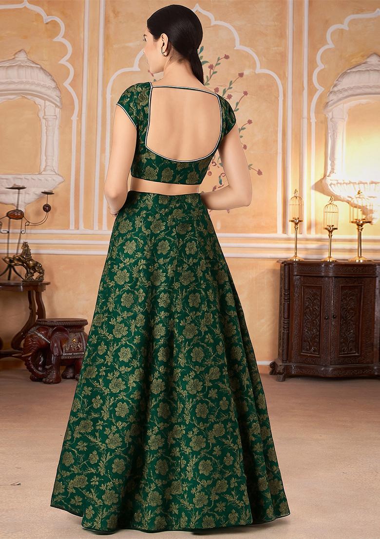 Green Jacquard Brocade Lehenga Set - Indya