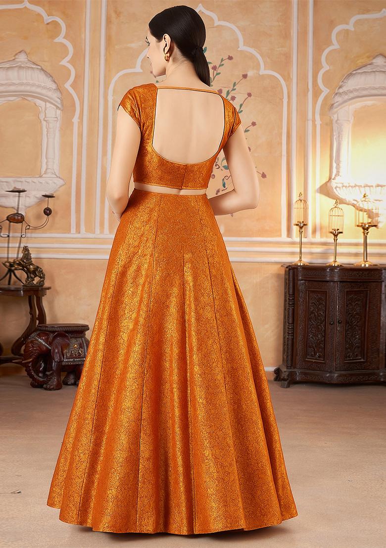 Orange Jacquard Brocade Lehenga Set - Indya
