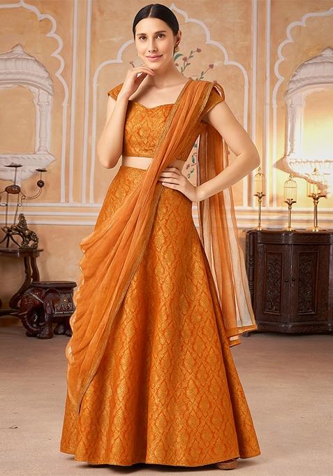 Orange Jacquard Brocade Lehenga Set