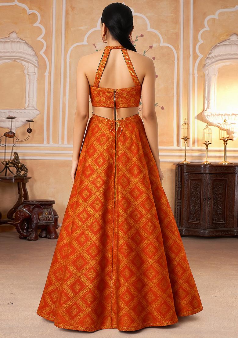 Multicolor Jacquard Brocade Lehenga Set - Indya