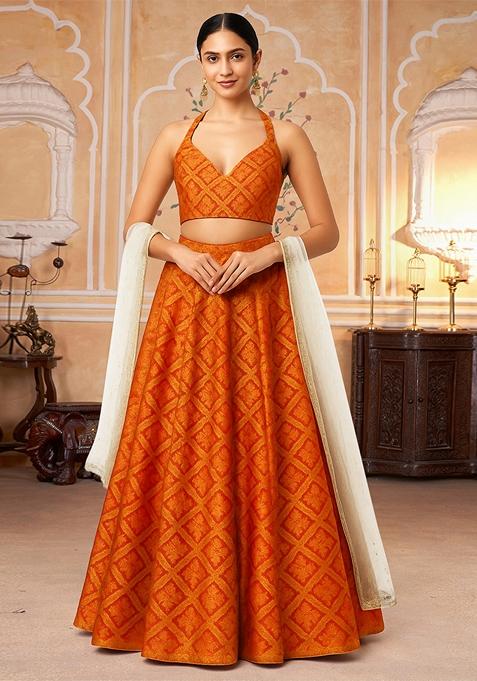 Multicolor Jacquard Brocade Lehenga Set — view on Indya