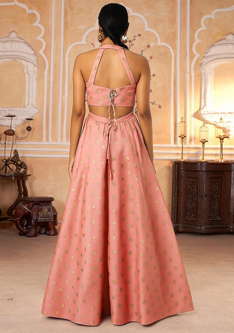 Pastel Pink Jacquard Brocade Lehenga Set - Indya