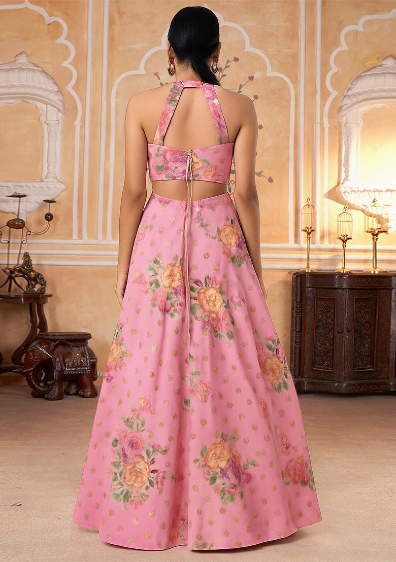 Pink Jacquard Brocade Lehenga Set - Indya