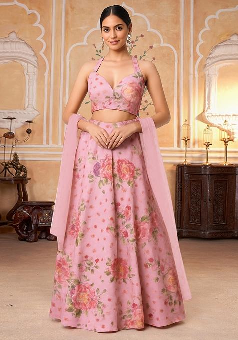 Pink Jacquard Brocade Lehenga Set
