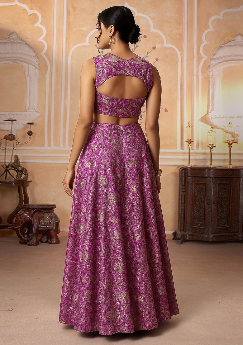 Purple Jacquard Brocade Lehenga Set - Indya