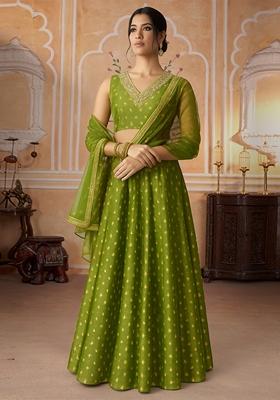 Green Jacquard Brocade Lehenga Set