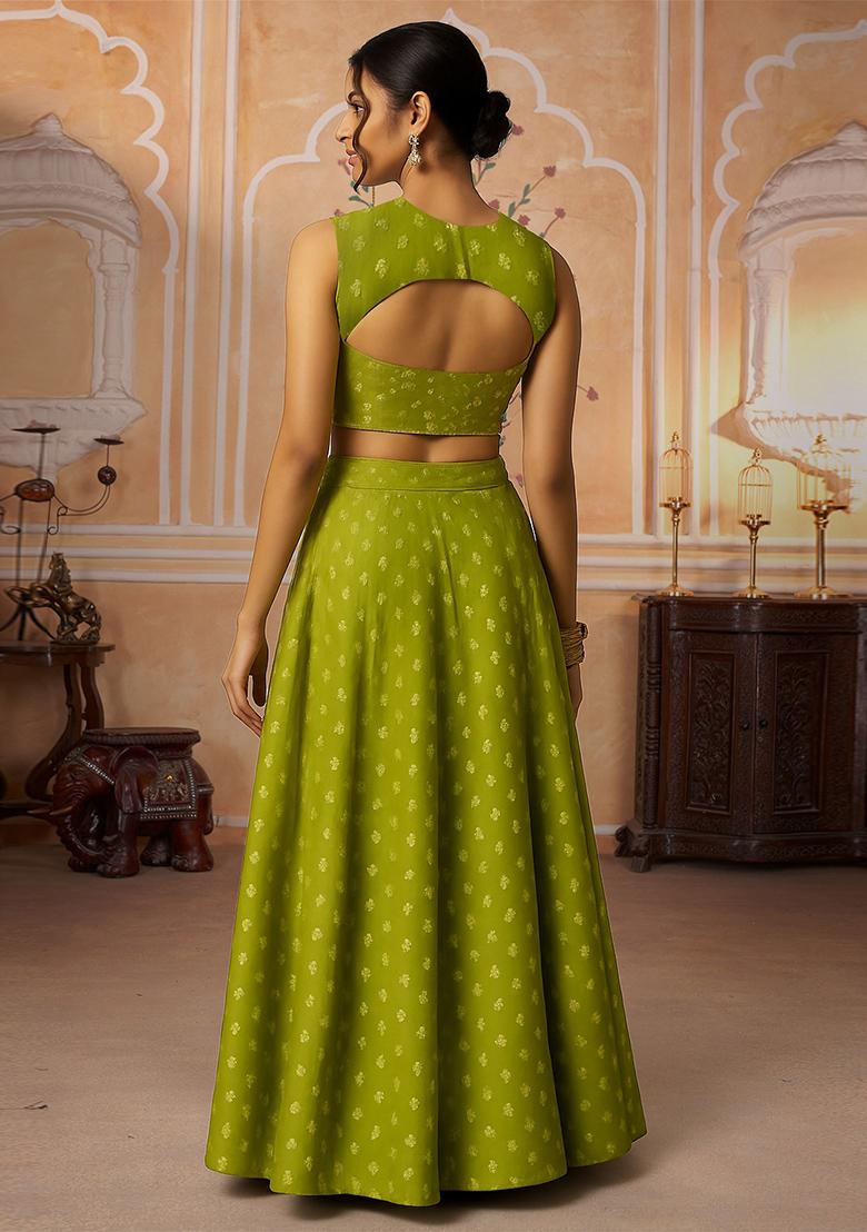 Green Jacquard Brocade Lehenga Set - Indya