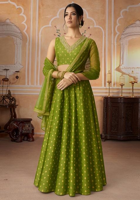 Green Jacquard Brocade Lehenga Set