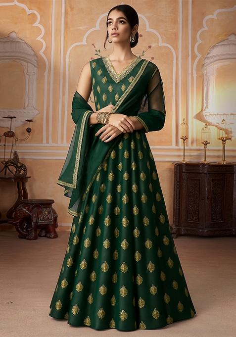 Bottle Green Jacquard Brocade Lehenga Set