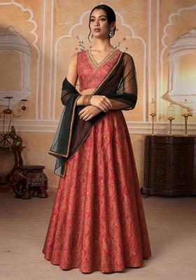 Pink Jacquard Brocade Lehenga Set