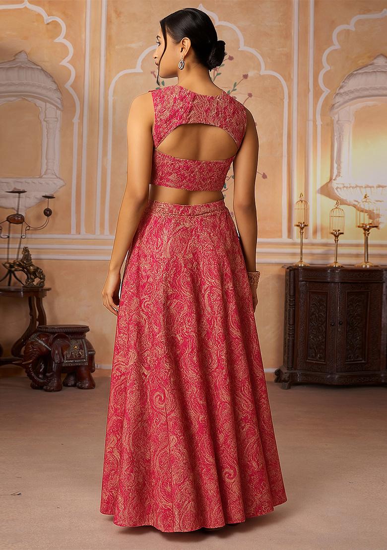 Pink Jacquard Brocade Lehenga Set - Indya
