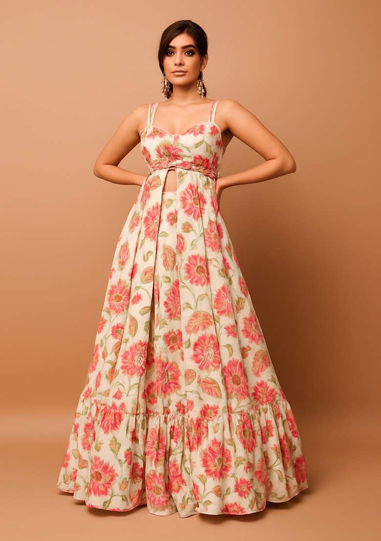 Beige Printed Chiffon Lehenga Set for Diwali and Festive Wear - Indya