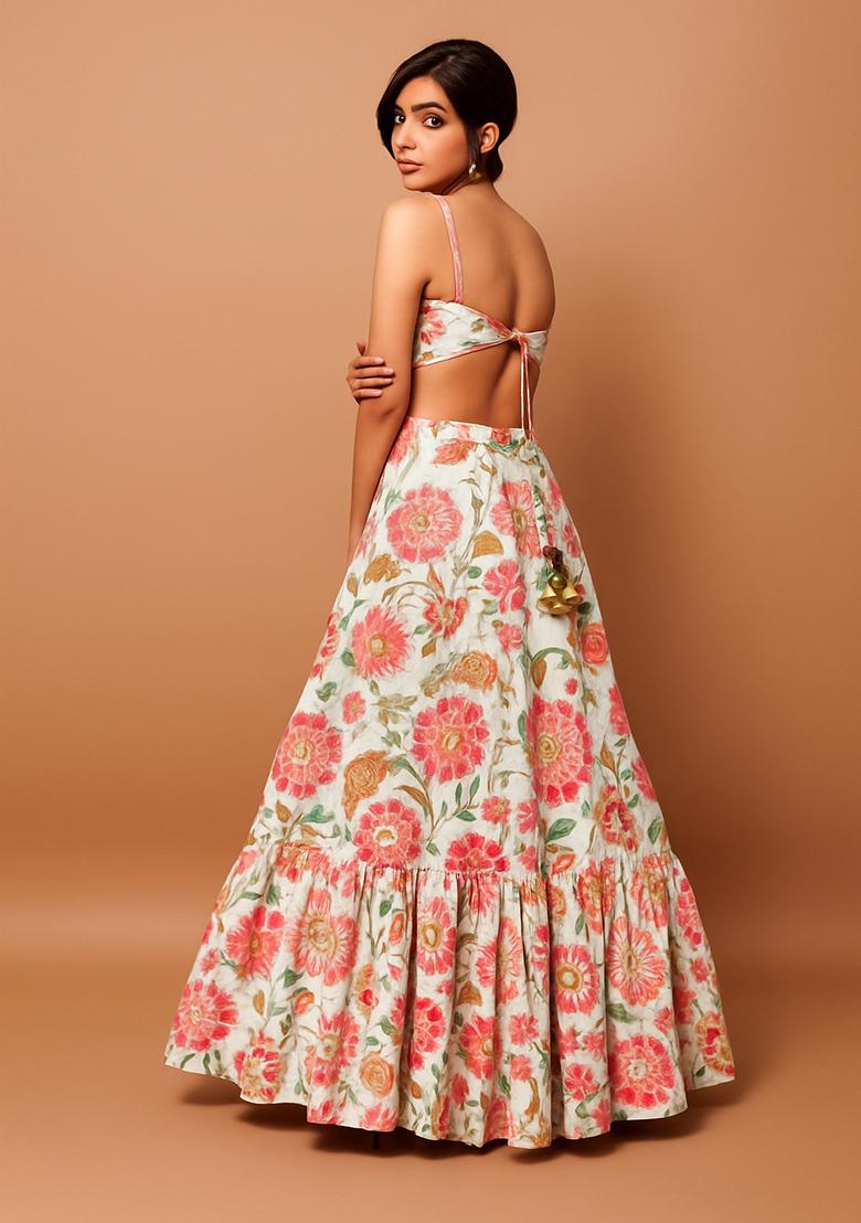 Beige Printed Chiffon Lehenga Set - Indya