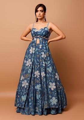 Blue Printed Chiffon Lehenga Set