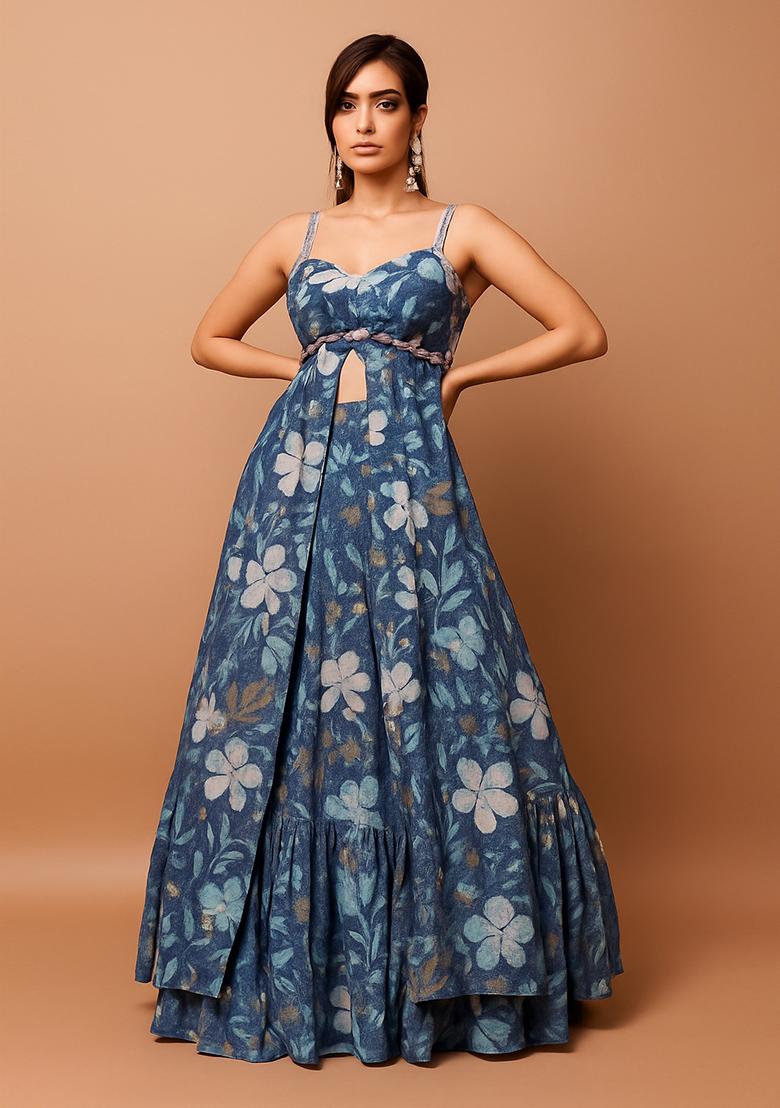 Blue Printed Chiffon Lehenga Set