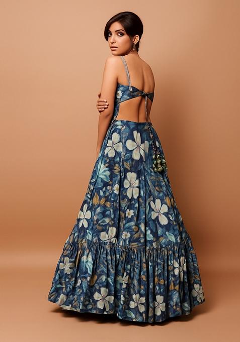 Blue Printed Chiffon Lehenga Set