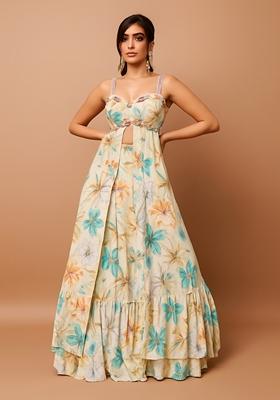 Light Yellow Printed Chiffon Lehenga Set