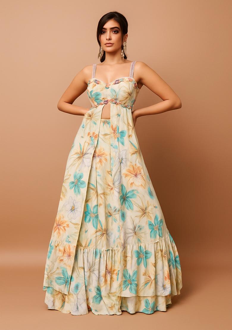 Light Yellow Printed Chiffon Lehenga Set