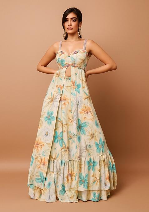 Light Yellow Printed Chiffon Lehenga Set