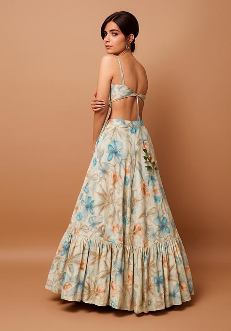 Light Yellow Printed Chiffon Lehenga Set