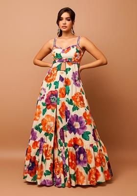 Off White Printed Chinon Lehenga Set