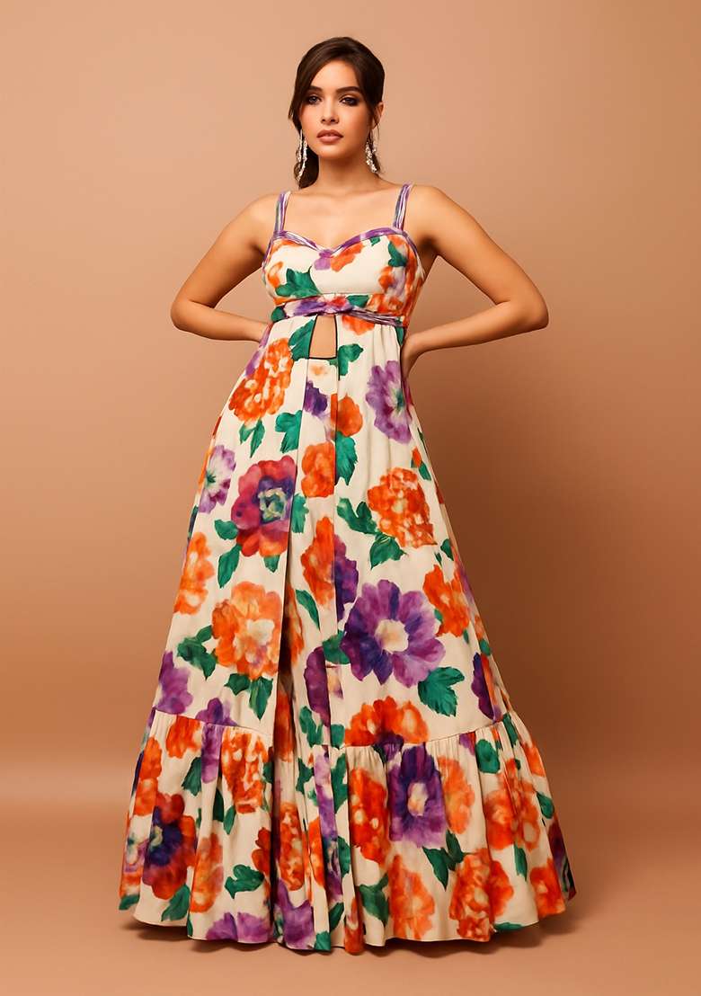 Off White Printed Chinon Lehenga Set - Indya