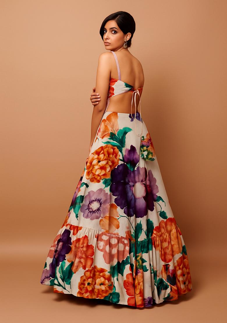 Off White Printed Chinon Lehenga Set - Indya