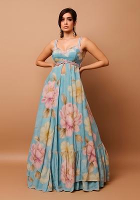 Sky Blue Printed Chinon Lehenga Set