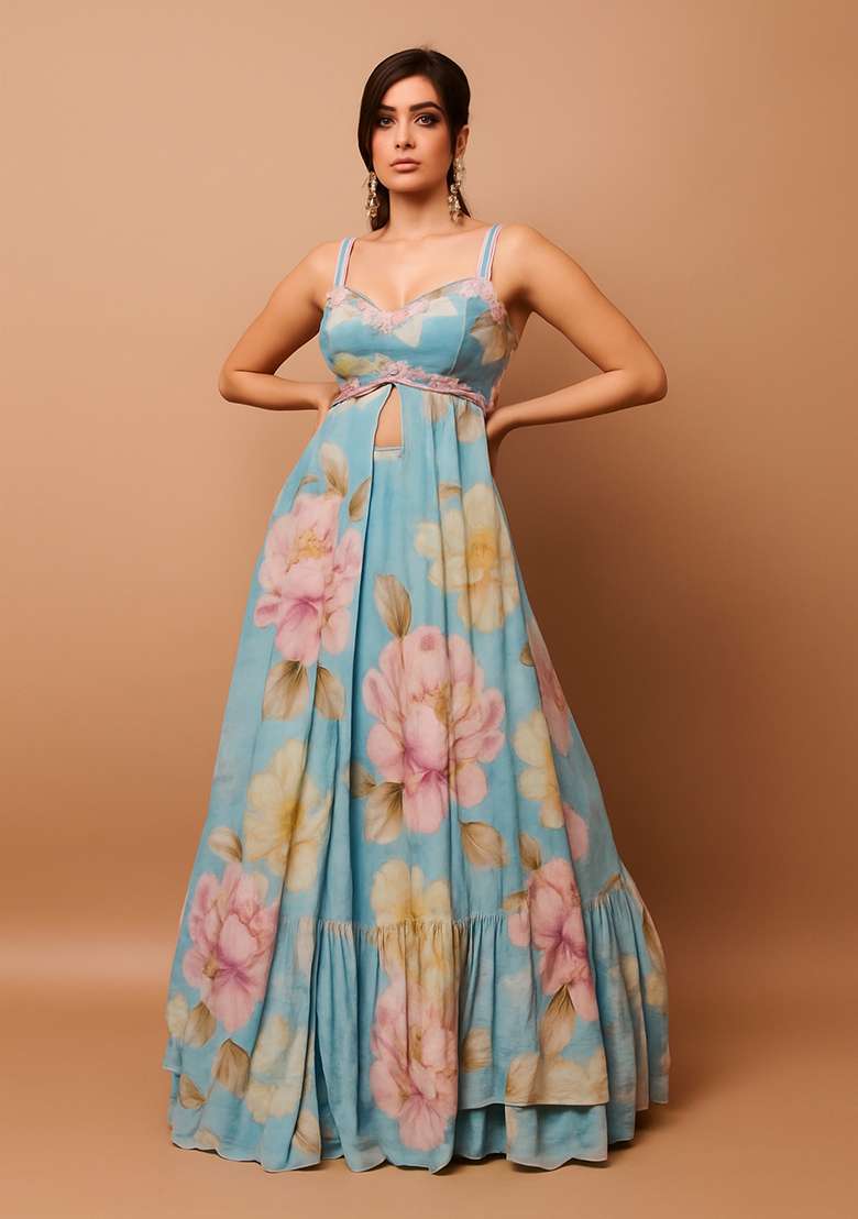 Sky Blue Printed Chinon Lehenga Set - Indya