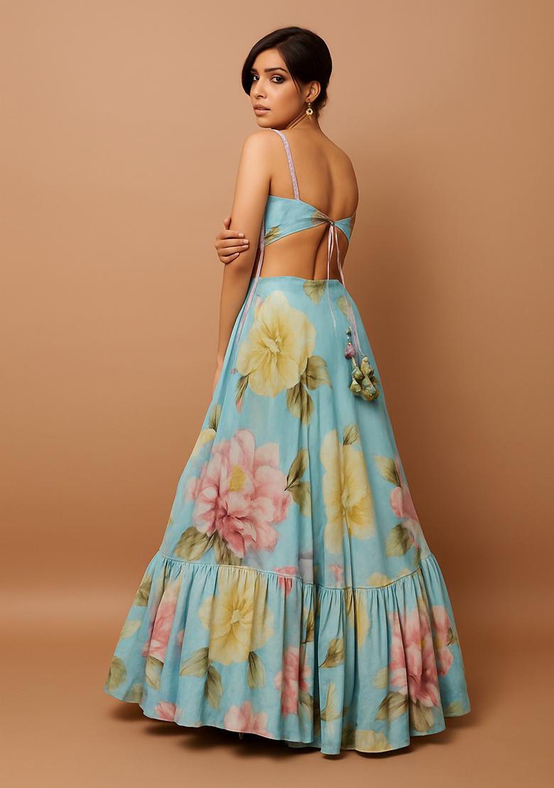 Sky Blue Printed Chinon Lehenga Set - Indya