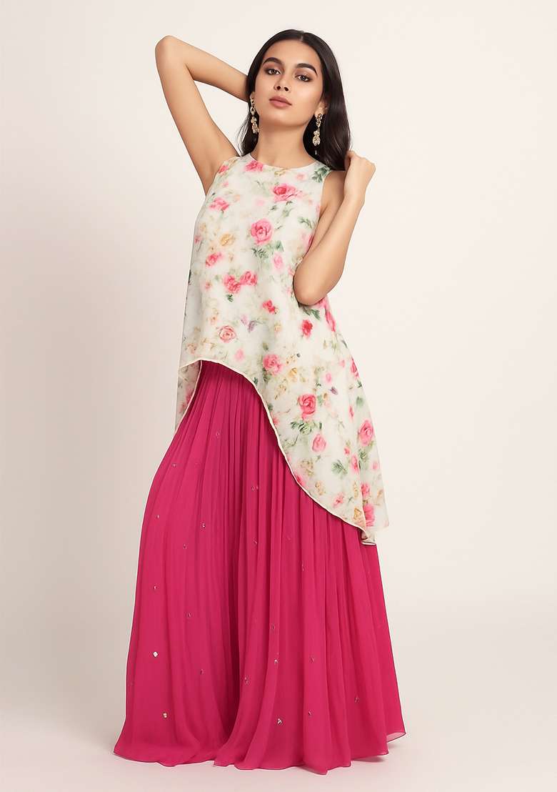 Beige Printed Satin Lehenga Set - Indya