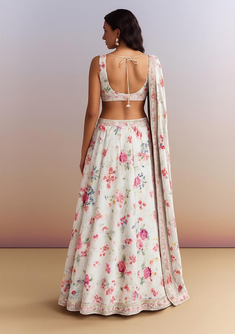 Beige Printed Satin Lehenga Set - Indya