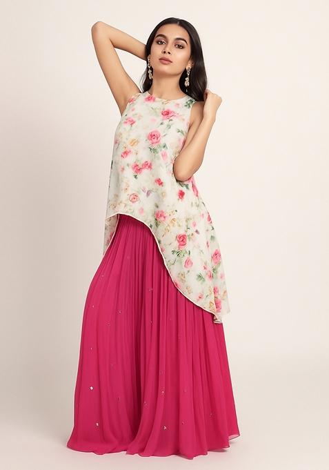 Beige Printed Satin Lehenga Set