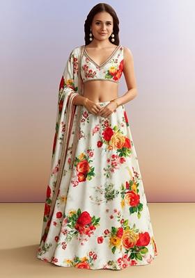 Off White Printed Satin Lehenga Set