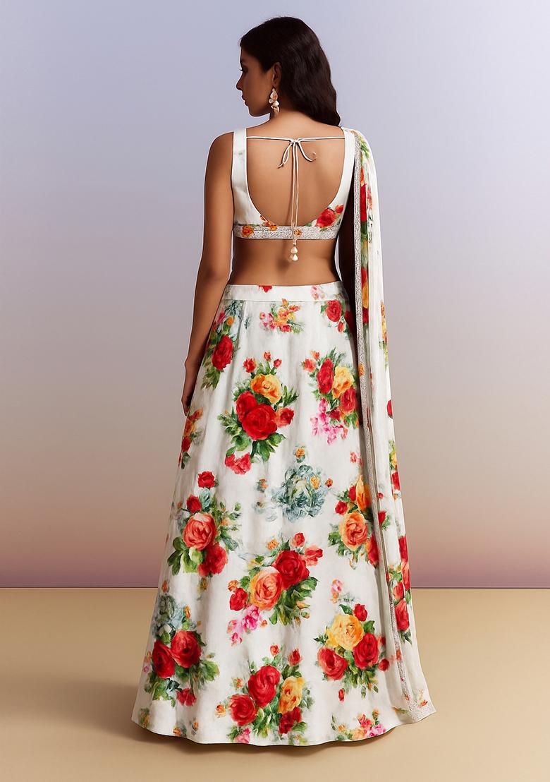 Off White Printed Satin Lehenga Set - Indya