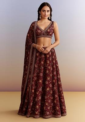 Deep Plum Printed Satin Lehenga Set