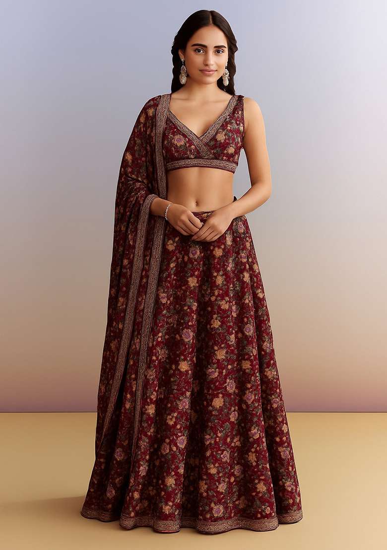 Deep Plum Printed Satin Lehenga Set - Indya