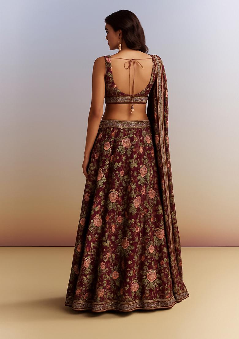 Deep Plum Printed Satin Lehenga Set - Indya