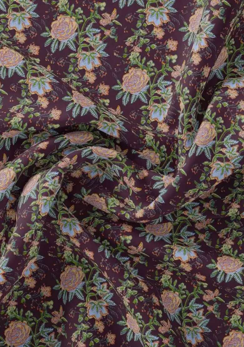 Deep Plum Printed Satin Lehenga Set - Indya