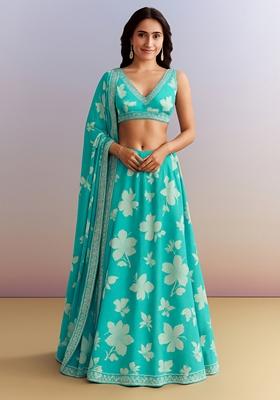 Light Blue Printed Satin Lehenga Set
