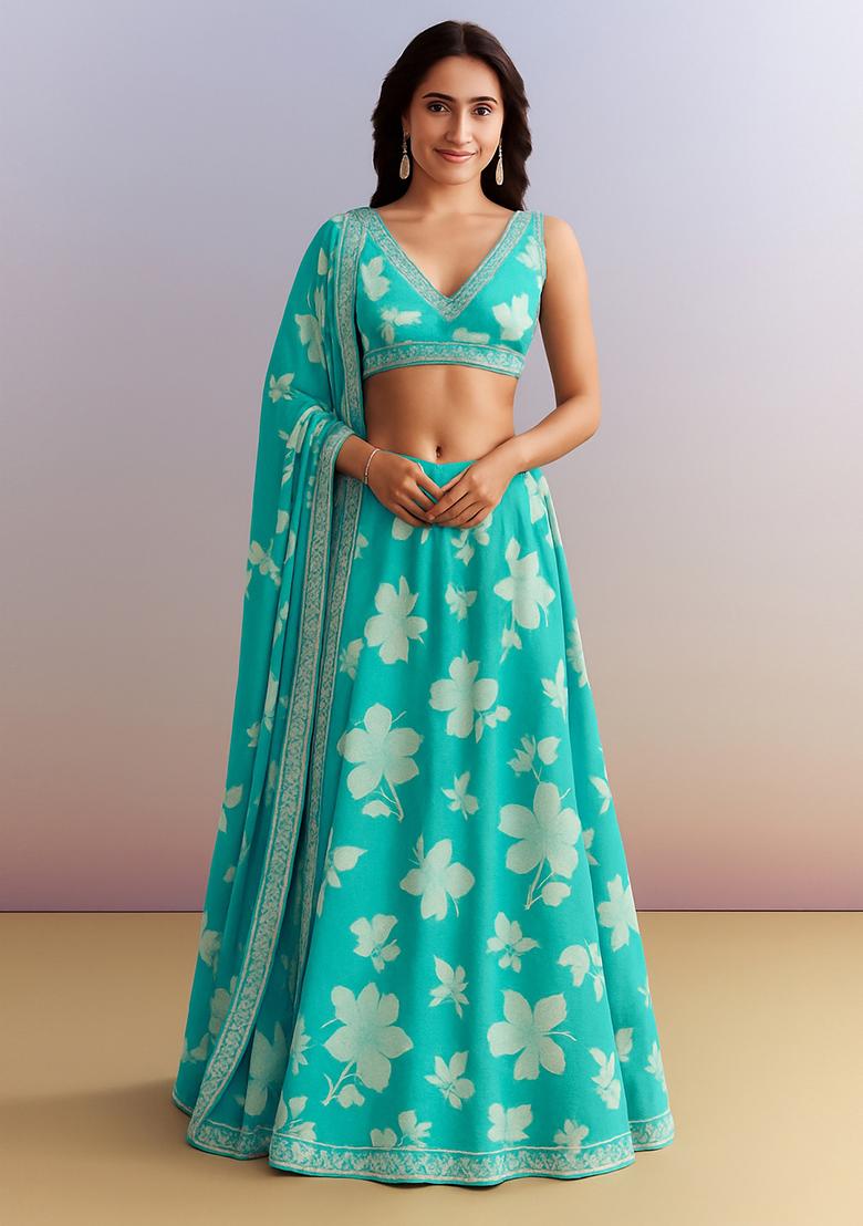 Light Blue Printed Satin Lehenga Set