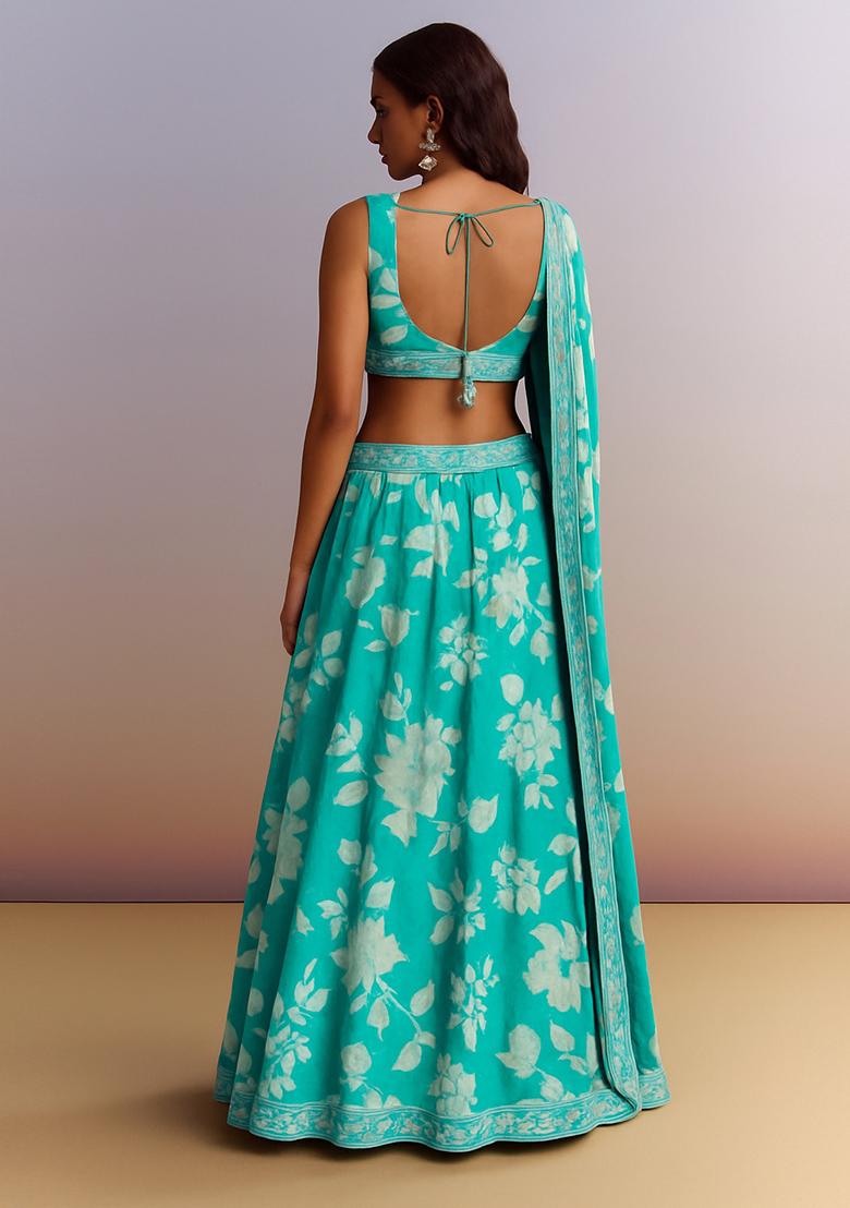 Light Blue Printed Satin Lehenga Set - Indya