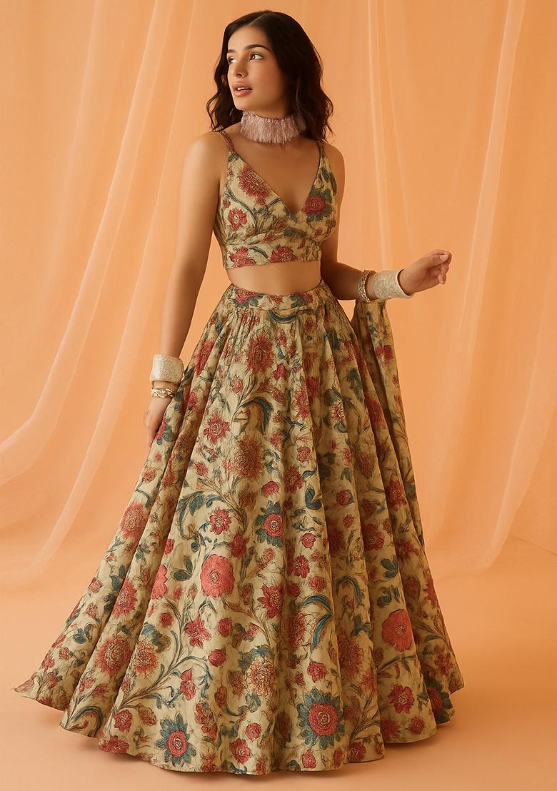 Multicolor Printed Chiffon Lehenga Set