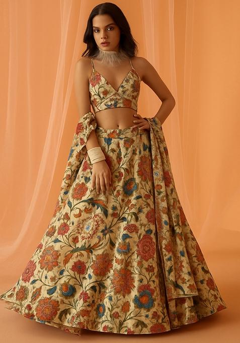 Multicolor Printed Chiffon Lehenga Set