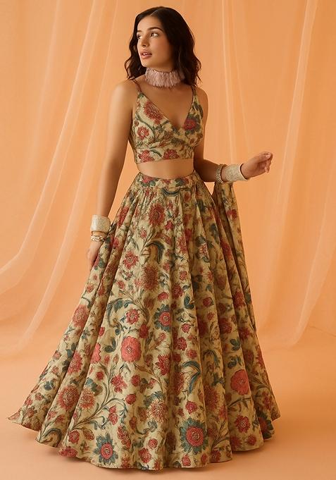 Multicolor Printed Chiffon Lehenga Set